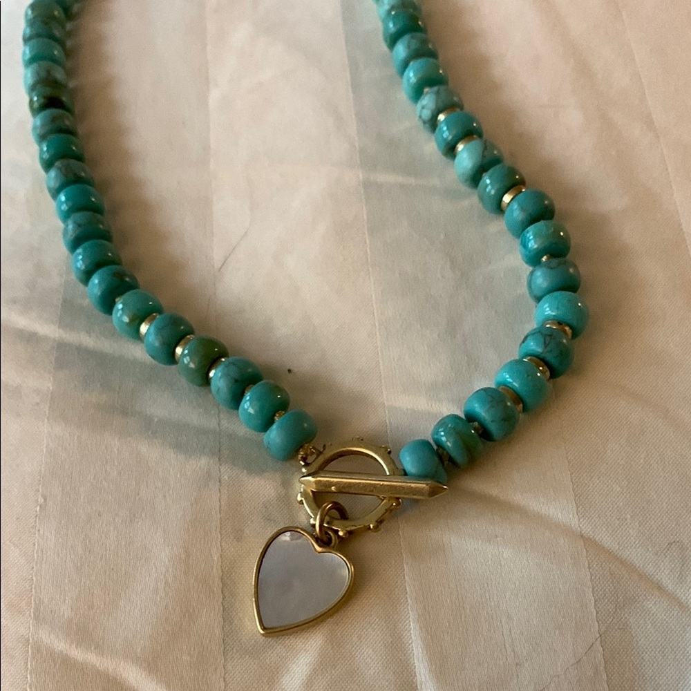 Turquoise Beaded Necklace with Gold Heart Pendant